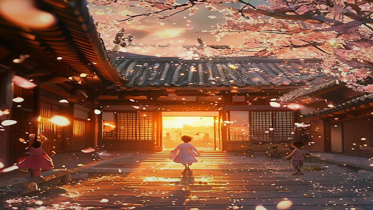A동 — 한옥 + 벚꽃, 지브리 일러스트